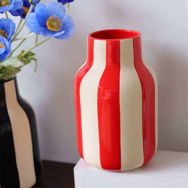 Modern Minimalist Ceramic Vase With White Base And Black-red Stripes