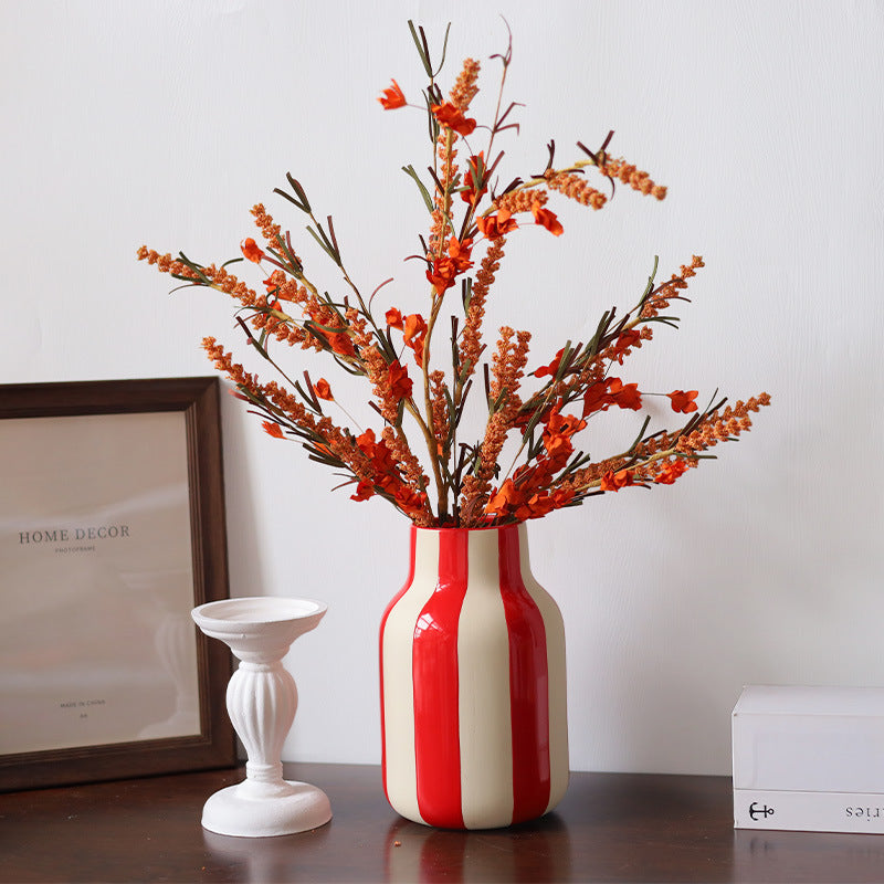 Modern Minimalist Ceramic Vase With White Base And Black-red Stripes