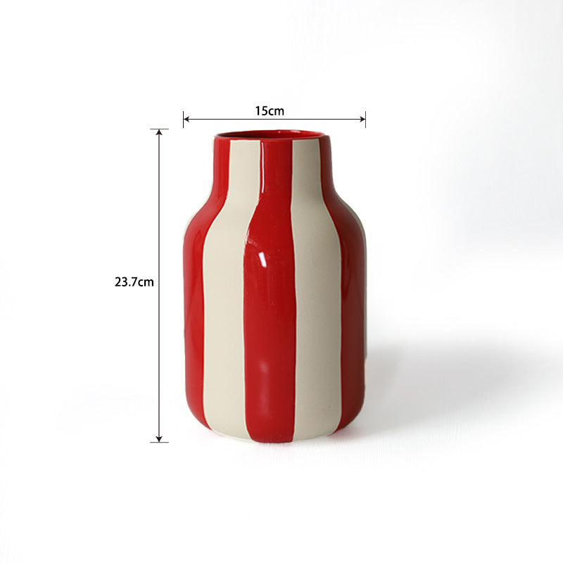 Modern Minimalist Ceramic Vase With White Base And Black-red Stripes
